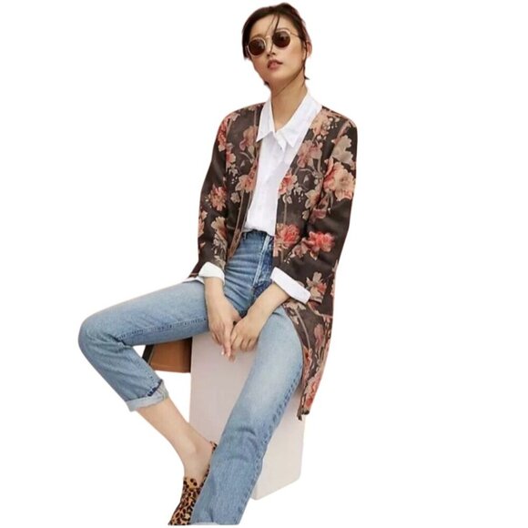 Anthropologie Solitaire NWOT Brown Suede Floral Open Front Kimono Jacket Size M - Picture 4 of 12